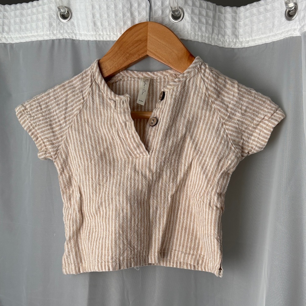 Rylee + Cru Beige and White Striped Button Down Shirt